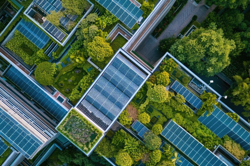 Luftaufnahme eines begrünten Daches mit Sonnenkollektoren auf einem Firmengebäude, das die nachhaltige Integration in die aktuelle Architektur widerspiegelt. Kohlenstoffreduzierung im Unternehmen