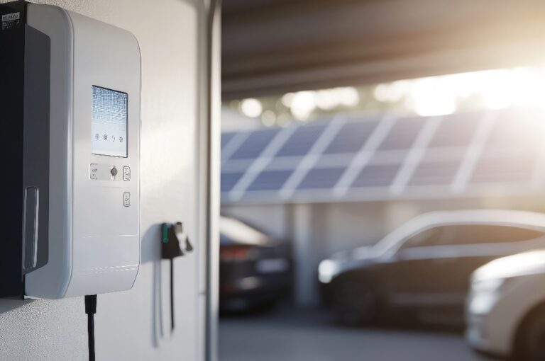 Nahaufnahme eines Energiespeichersystems in einer modernen Garage. Unscharfer Hintergrund mit Elektrofahrzeugen und Solarpanels